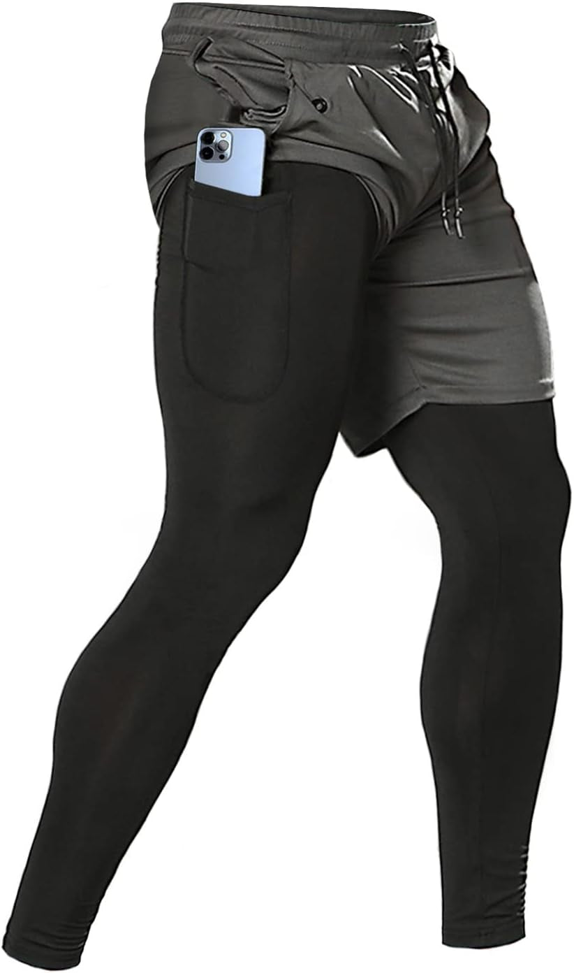 Men'S 2 in 1 Running Pants, Gym Workout Compression Pants for Men Training Athletic