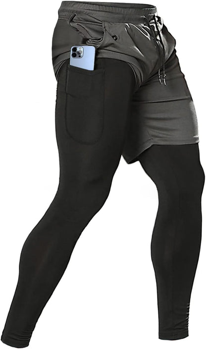 Men'S 2 in 1 Running Pants, Gym Workout Compression Pants for Men Training Athletic