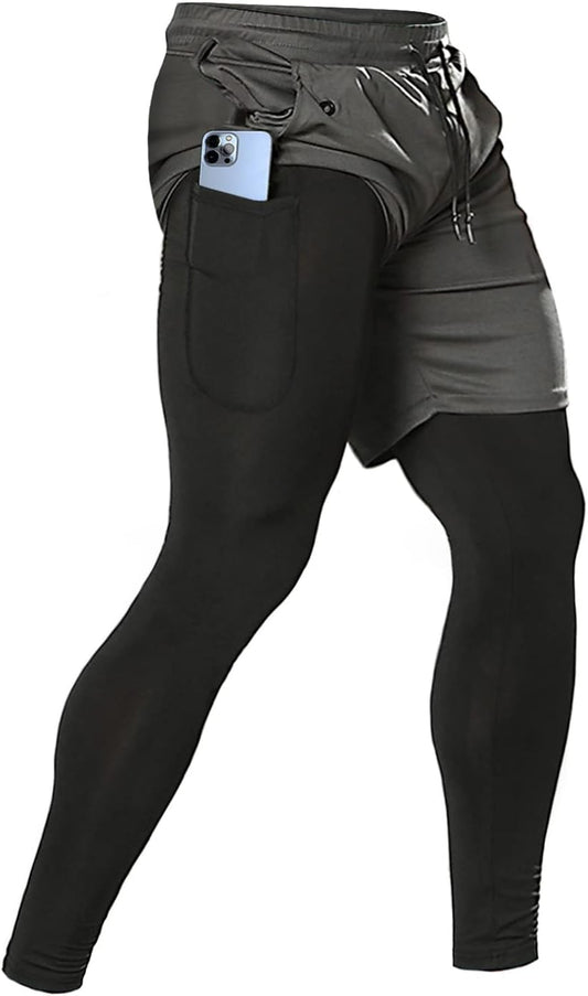 Men'S 2 in 1 Running Pants, Gym Workout Compression Pants for Men Training Athletic