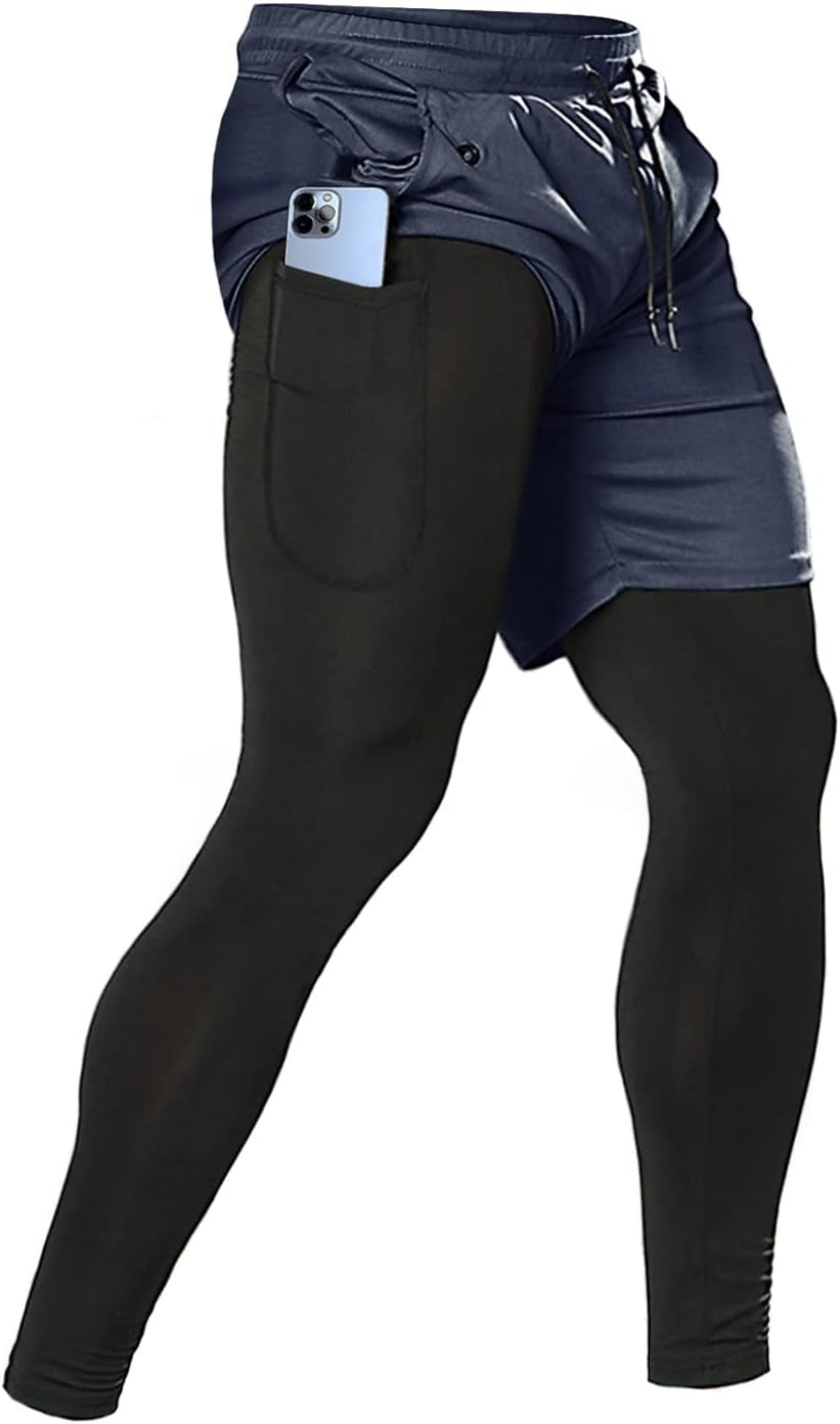 Men'S 2 in 1 Running Pants, Gym Workout Compression Pants for Men Training Athletic