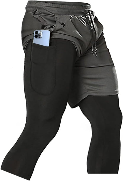 Men'S 2 in 1 Running Pants, Gym Workout Compression Pants for Men Training Athletic