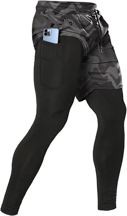 Men'S 2 in 1 Running Pants, Gym Workout Compression Pants for Men Training Athletic