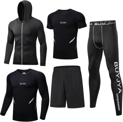 5Pcs Men'S Compression Pants Shirt Top Long Sleeve Jacket Athletic Sets Gym Clothing Mens Workout