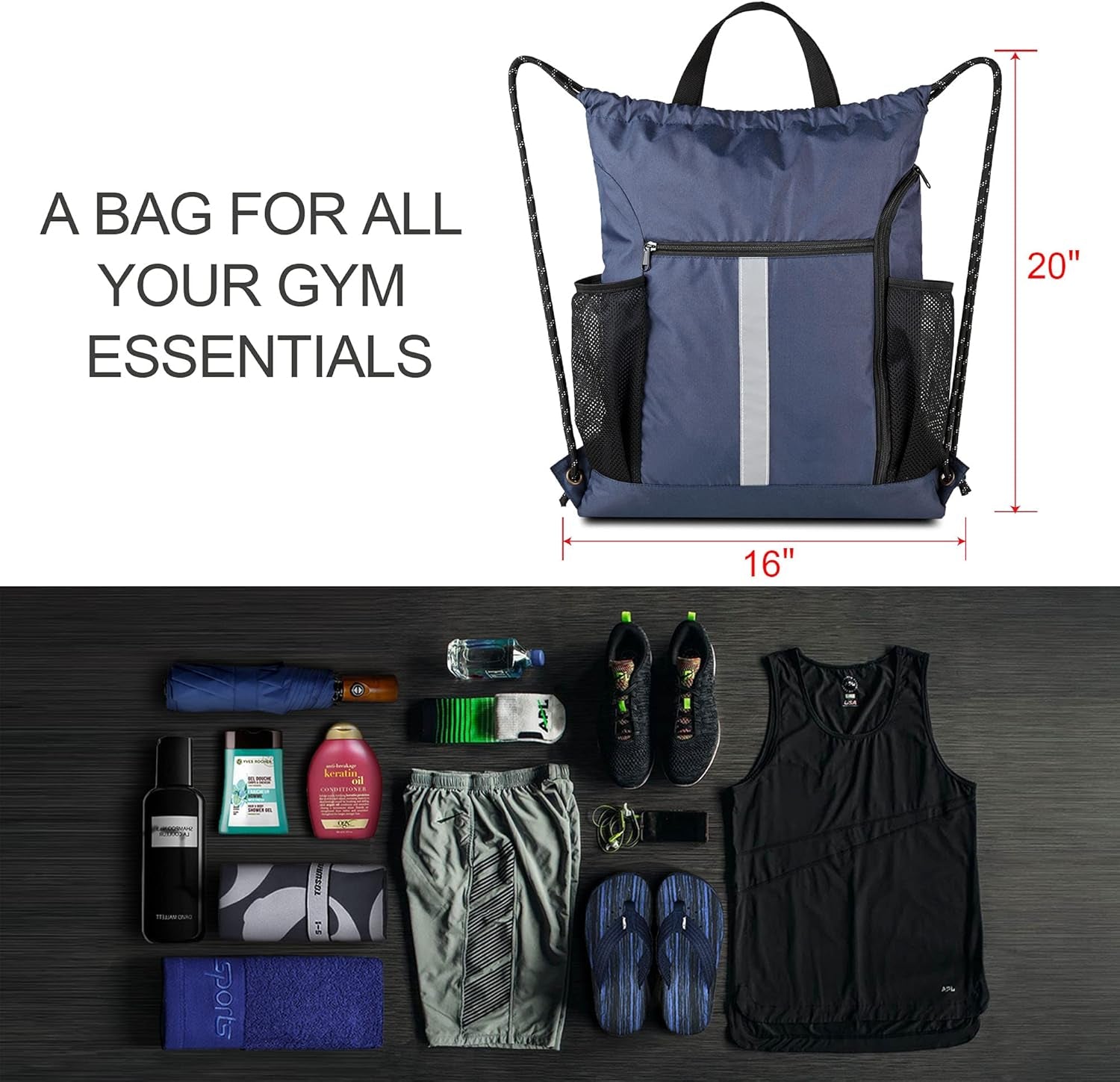 Drawstring Backpack Sports Gym Bag with Shoe Compartment and Two Water Bottle Holder …