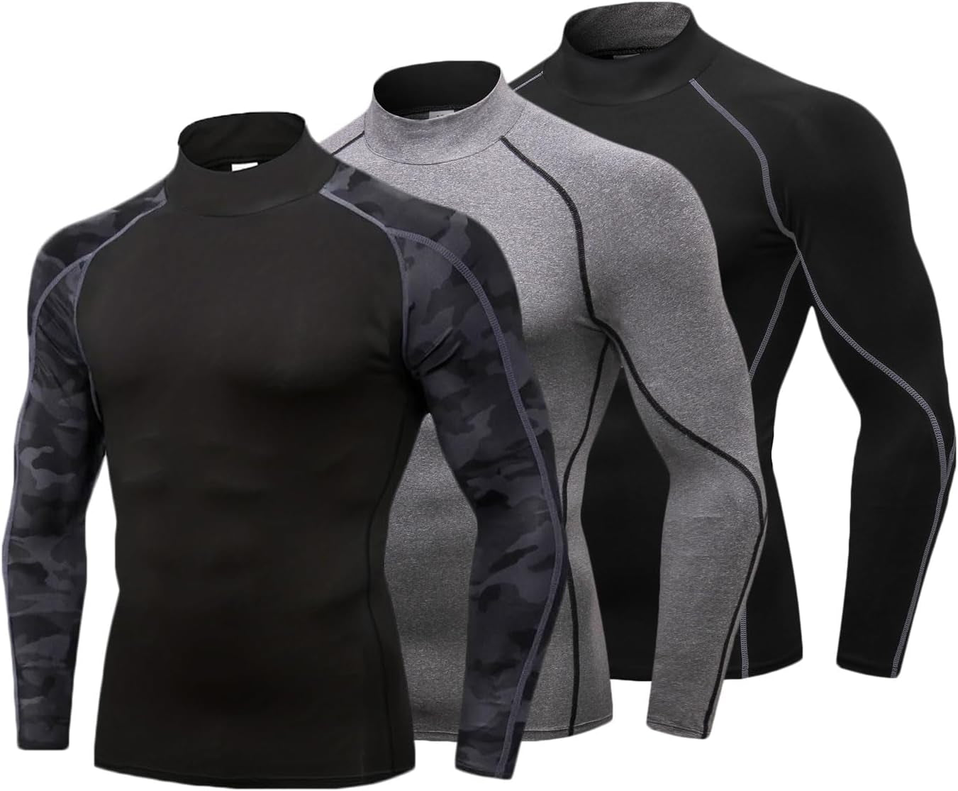 3 Pack Mens Mock Turtleneck Compression Shirts Long Sleeve Sun Protection Shirts Cooling Workout Gym Tops Undershirt