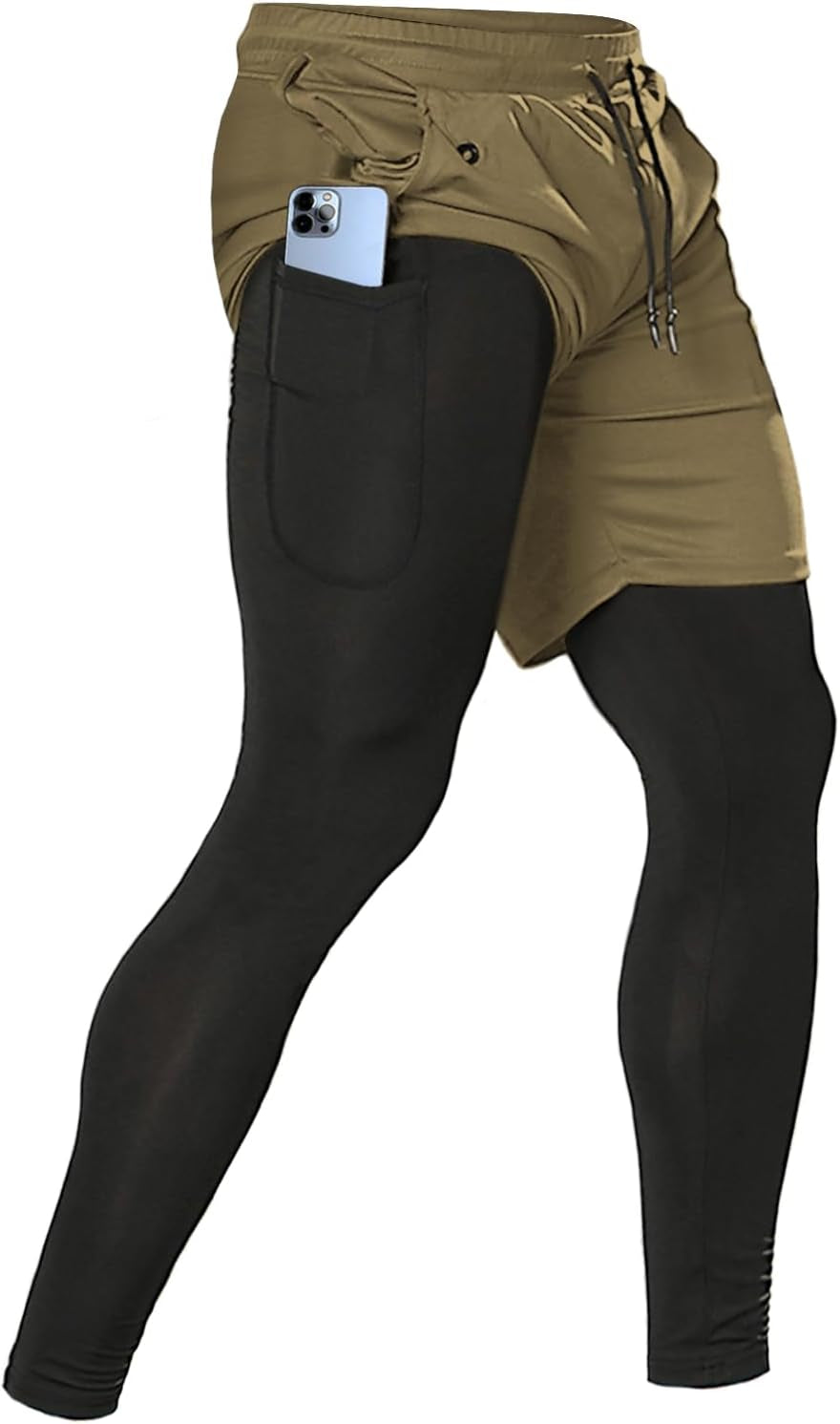 Men'S 2 in 1 Running Pants, Gym Workout Compression Pants for Men Training Athletic