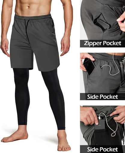 Men'S 2 in 1 Running Pants, Gym Workout Compression Pants for Men Training Athletic