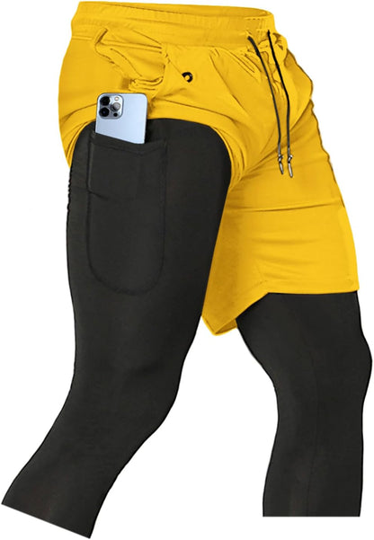 Men'S 2 in 1 Running Pants, Gym Workout Compression Pants for Men Training Athletic