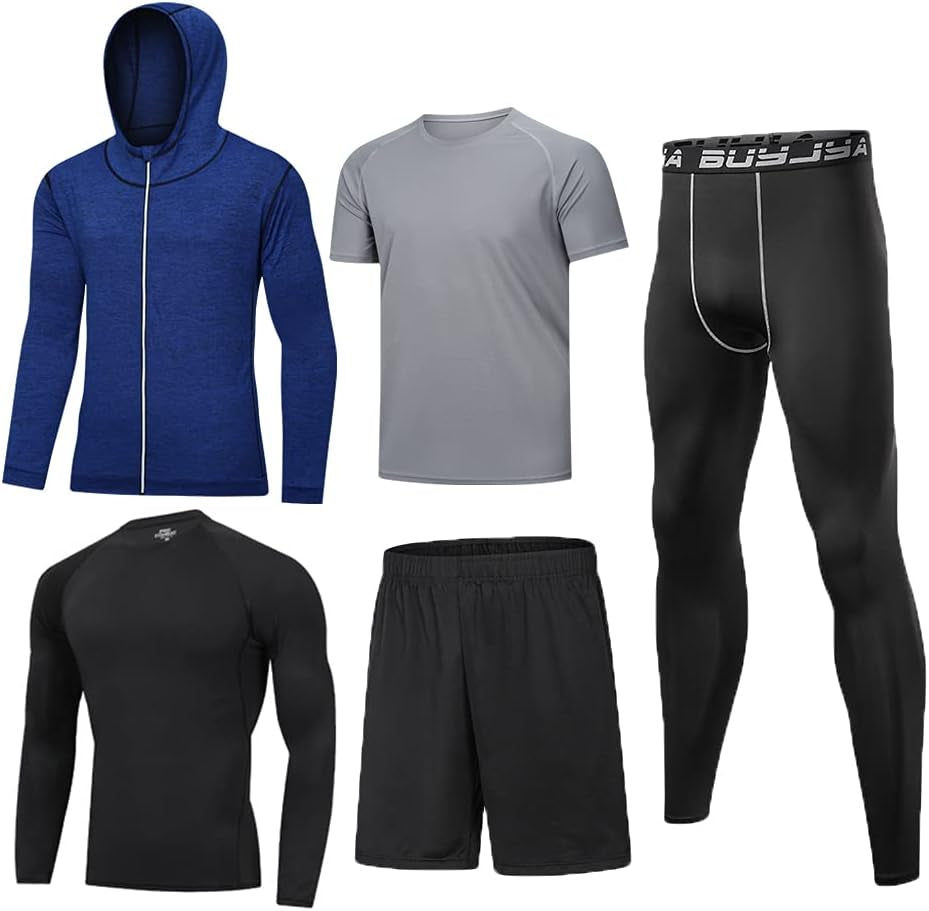 5Pcs Men'S Compression Pants Shirt Top Long Sleeve Jacket Athletic Sets Gym Clothing Mens Workout