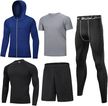 5Pcs Men'S Compression Pants Shirt Top Long Sleeve Jacket Athletic Sets Gym Clothing Mens Workout