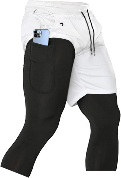 Men'S 2 in 1 Running Pants, Gym Workout Compression Pants for Men Training Athletic