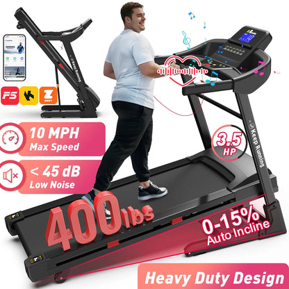 400LBS Capacity 3.5 HP Treadmill with 15% Auto Incline for Home- Heavy Duty Treadmill Foldable with App/Bluetooth - 18 Inch Wide Belt, Folding Treadmill for Home Gym Walking Running Exercise