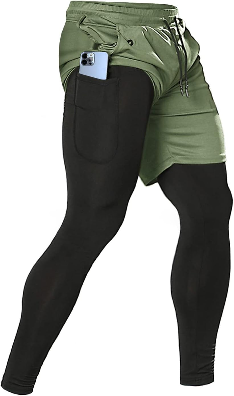 Men'S 2 in 1 Running Pants, Gym Workout Compression Pants for Men Training Athletic