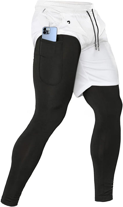 Men'S 2 in 1 Running Pants, Gym Workout Compression Pants for Men Training Athletic