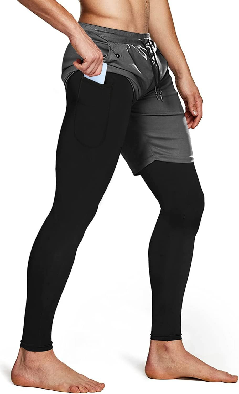 Men'S 2 in 1 Running Pants, Gym Workout Compression Pants for Men Training Athletic