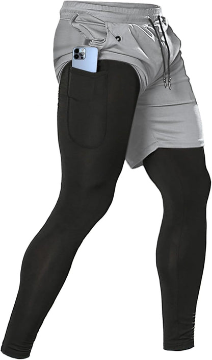 Men'S 2 in 1 Running Pants, Gym Workout Compression Pants for Men Training Athletic