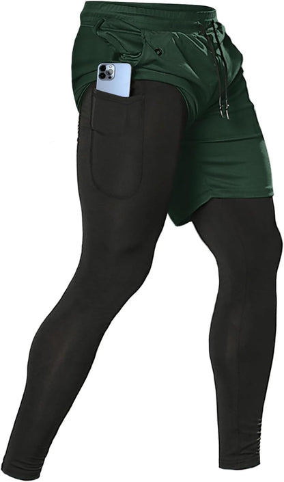 Men'S 2 in 1 Running Pants, Gym Workout Compression Pants for Men Training Athletic