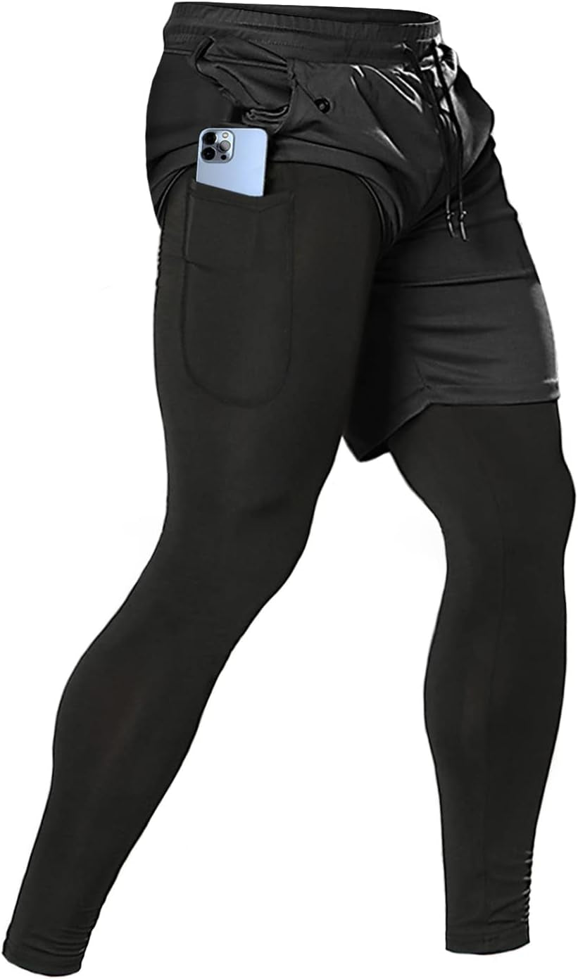 Men'S 2 in 1 Running Pants, Gym Workout Compression Pants for Men Training Athletic