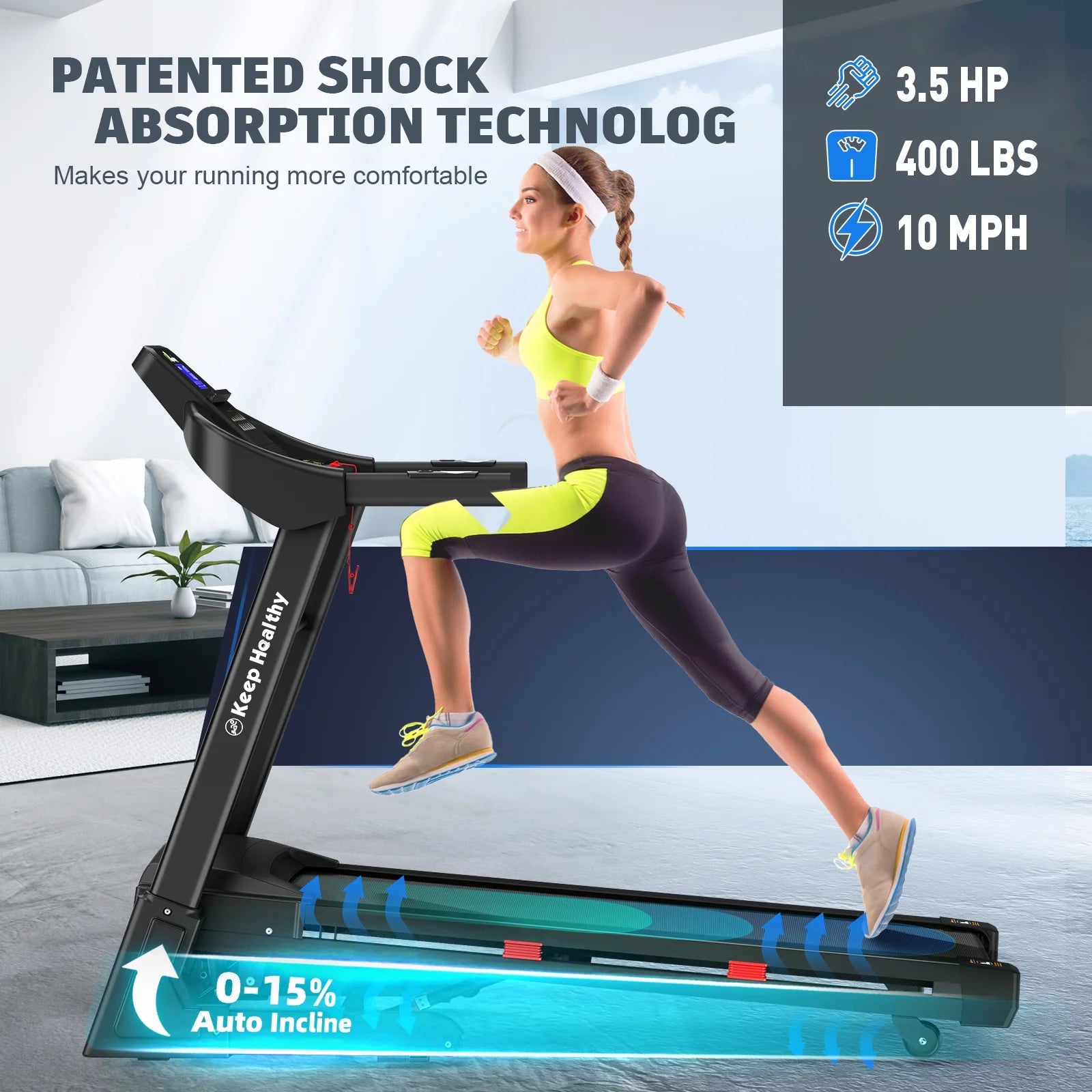 400LBS Capacity 3.5 HP Treadmill with 15% Auto Incline for Home- Heavy Duty Treadmill Foldable with App/Bluetooth - 18 Inch Wide Belt, Folding Treadmill for Home Gym Walking Running Exercise