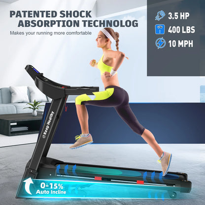 400LBS Capacity 3.5 HP Treadmill with 15% Auto Incline for Home- Heavy Duty Treadmill Foldable with App/Bluetooth - 18 Inch Wide Belt, Folding Treadmill for Home Gym Walking Running Exercise